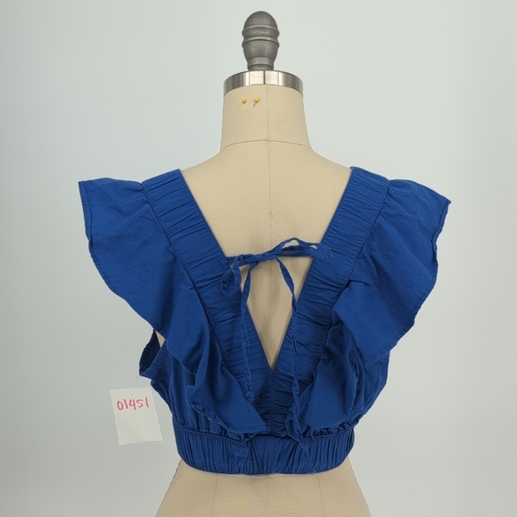 01451 Japna Ruffle V Neck Cropped Top Blue Size Medium bohemian cottagecore - Picture 2 of 6